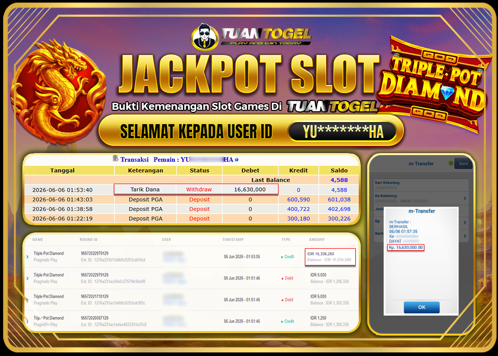 TUANTOGEL JACKPOT SLOT TRIPLE POT DIAMOND Rp16.630.000, - LUNAS
